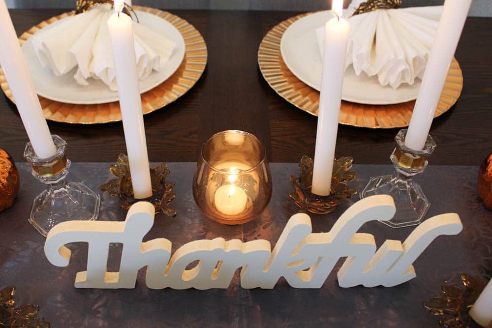 Thankful Sign Centerpiece With Taper Candles Around It